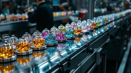 Colorful Product Assembly Line  Factory Production  Manufacturing  Conveyor Belt  Glass Co