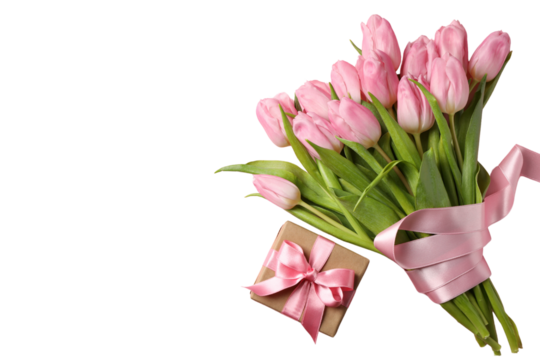 8 March, International Women's Day, bouquet of pink tulips and box with a gift, space for text, isolated on white background, PNG