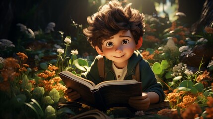 Cartoon Child Reading a Book Surrounded by Flowers in Nature