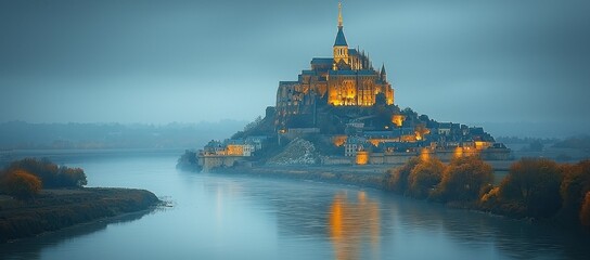 Obraz premium Illuminated medieval castle on island at dawn, mist over river.