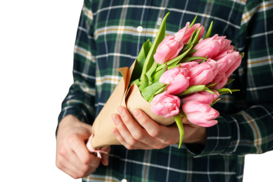 8 March, International Women's Day, man in a plaid shirt with a bouquet of pink tulips, isolated on white background, PNG