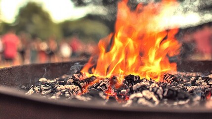 Cozy Campfire Flames in Charcoal Brazier  Outdoor Burning Embers