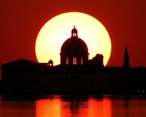 Obraz premium Sunset Silhouette, Venetian Church, Calm Water
