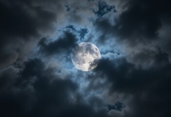 Ethereal Moonscape. Dramatic Night Sky Featuring A Full Moon Peeking Through Dark Clouds. Captivating Scene Evoking Mystery And Wonder. Perfect For Projects Needing Atmospheric Visuals. Inspiring And