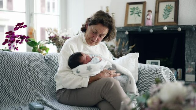 Elderly woman cradling newborn baby in cozy living room, warm and loving family moment, grandmother's nurturing embrace, intergenerational bonding, home interior