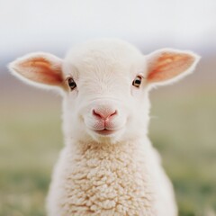 Obraz premium Easter Holiday, Easter Concept, Adorable Fluffy Lamb Close up Portrait of a Young Sheep in a Meadow