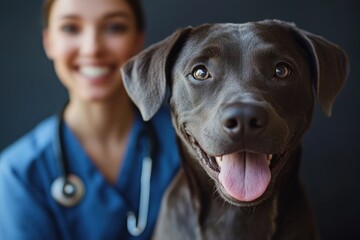 A joyful veterinarian smiles alongside a cheerful dog in a veterinary clinic. The special day highlights the importance of animal health and care in a friendly environment