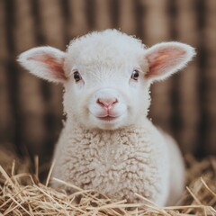 Fototapeta premium Easter Holiday, Easter Concept, Adorable Fluffy Lamb in Hay Spring Farm Animal Portrait Cute Baby Sheep