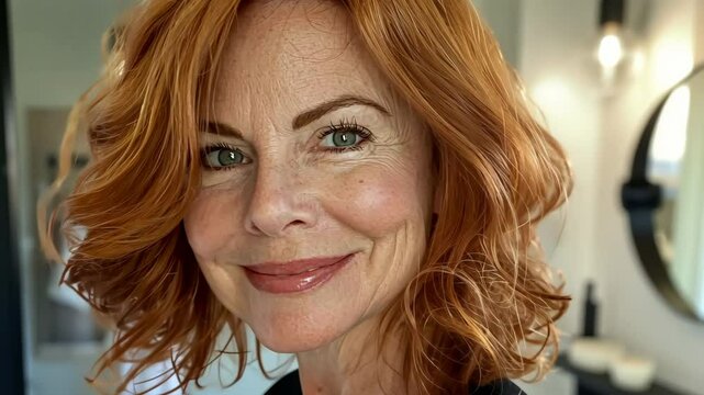 A 50 year old woman with copper-colored hair, smiling and looking at the camera, generative AI