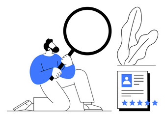 Person holding a magnifying glass, analyzing a detailed CV with a rating system, surrounded by minimal elements. Ideal for recruitment, HR, talent search, evaluation, job screening, hiring flat