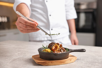 Professional chef serving dish at table indoors, closeup