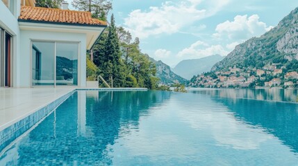 Obraz premium Luxury Infinity Pool Villa Mountain Lake View Modern Home
