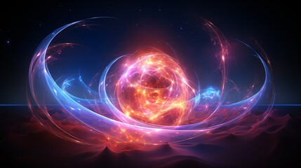 A glowing sphere surrounded by infinite swirling energy ribbons