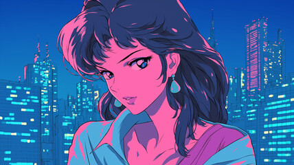 レトロな80年代アニメタッチ、都会的な美しさが際立つ女性キャラクターのポートレート