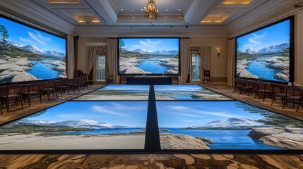 Obraz premium A conference stage enhanced with a seamless -degree panoramic screen.