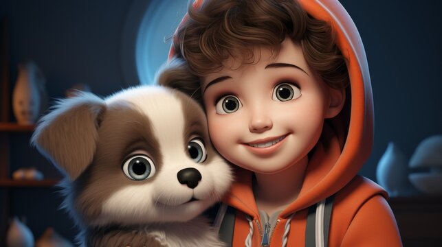 3D Cartoon Child Hugging Dog on National Hugging Day - Powered by Adobe