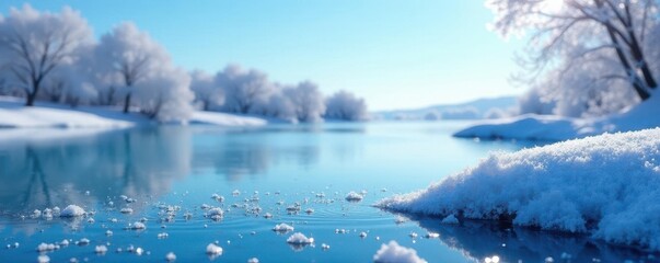 Fototapeta premium A frozen lake glistens under a clear blue sky with delicate ice crystals forming on a stone border, crystal, winter