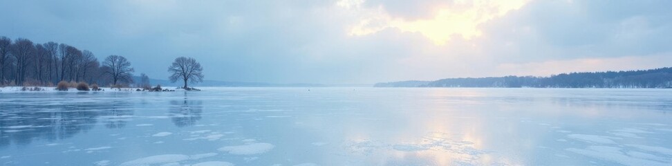 A frozen lake in the distance with a few bare trees and cloudy sky, winter, cold, lake