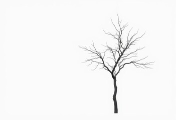 Obraz premium A lone tree, stark branches against a pure white backdrop, environment, clean
