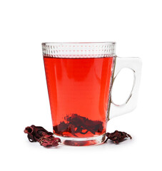 Delicious hibiscus tea in glass cup and dry roselle sepals isolated on white