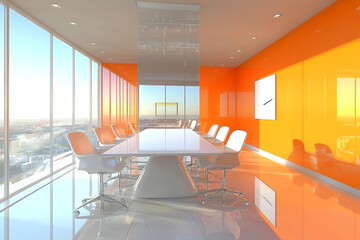 Bright and Modern Conference Room with Panoramic City View at Sunset