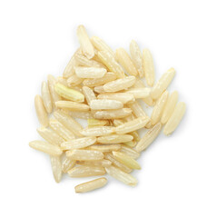 Pile of raw brown rice isolated on white, top view