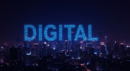 Futuristic cityscape illuminated with digital binary code text display skyline