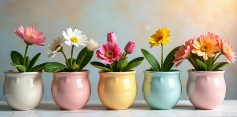 Pastel-colored ceramic pots in floral arrangement, colorful, spring