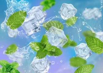 Mint leaves, ice cubes and splashing water on blue gradient background