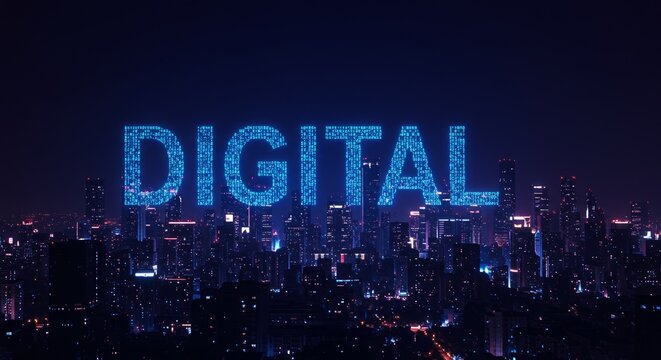 Futuristic cityscape illuminated with digital binary code text display skyline