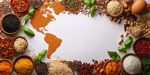 world map outlined in orange spices, surrounded by various ingredients, nuts, and bowls of grains and herbs for content on global cuisine, international food, healthy eating, or cultural recipes