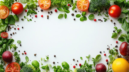 white background framed by fresh vegetables, herbs, and spices like tomatoes, broccoli, and peppercorns for recipes, healthy eating, cooking, food blogs, or as a vibrant frame for text