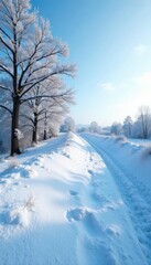 Fototapeta premium Snowdrift hill with bare trees and frosty sky, cold winter, icy terrain