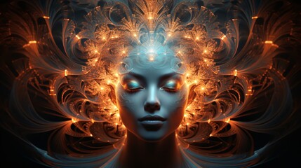 A floating mask radiating glowing fractal energy, warping reality