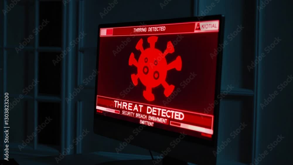 Poster cyber attack alert on computer screen with warning message and red visual elements