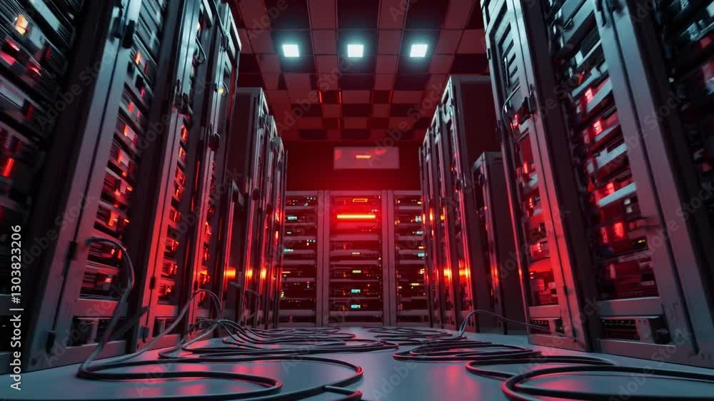 Poster cybersecurity alert in data center with rows of servers and glowing lights at night