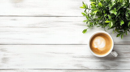 Coffee Cup and Green Plant on White Wooden Tabletop for a Relaxing Start