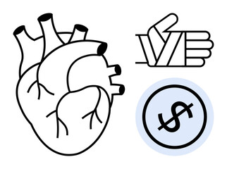 Anatomical heart, wrapped hand, and dollar sign, representing medical costs, treatment, and value of care. Ideal for healthcare, finance injury insurance medical aid. Flat simple metaphor