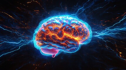 highly detailed brain surrounded by blue lightning on dark backdrop