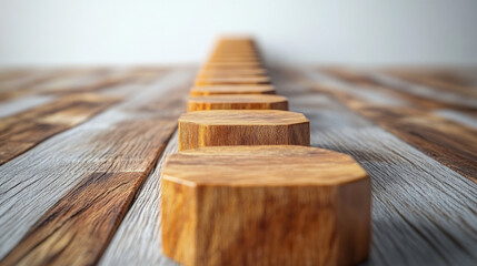 linear arrangement of wooden hexagonal blocks receding into the distance, symbolizing progress, steps forward, or a structured pathway. Ideal for business, abstract, or architectural blogs
