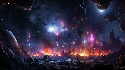 A neon-lit asteroid field radiating colorful plasma emissions