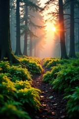 Obraz premium Foggy forest floor with ferns and moss under a sunrise sky, ferns, greens, forest