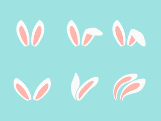 Cute easter white bunny ears in cartoon character styles on blue background, vector illustration