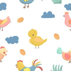 Cute Colorful Chicken Cartoon Illustration Seamless Pattern