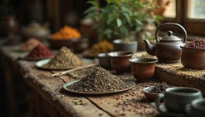 Fototapeta premium Display of diverse dried herbs and spices on rustic wooden table surface