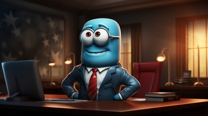Cheerful Blue Cartoon Character in 3D Rendered Office Setting