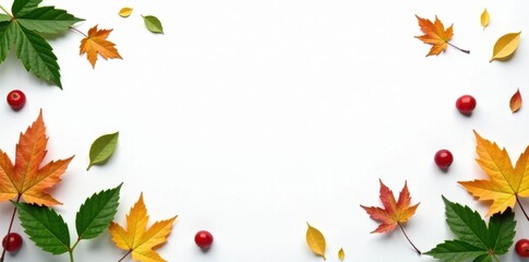 Simple white background with scattered leaves, isolation, foliage