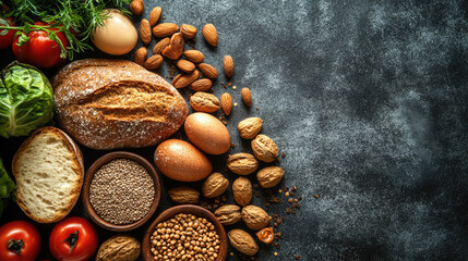 Fototapeta premium An assortment of carbohydrates including bread, grains, eggs, nuts, and vegetables on a dark surface, with copy space. Use for nutrition blogs, healthy eating articles, or food-related content.