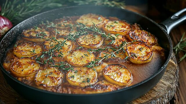 Roasted potatoes in a pan, rustic wooden table, herbs, and vegetables in the background. Perfect for food blog or cookbook