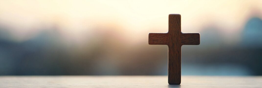 Easter Holiday, Easter Concept, Wooden Cross Symbol Christian Faith Religious Belief Hope Spirituality Sunrise Background